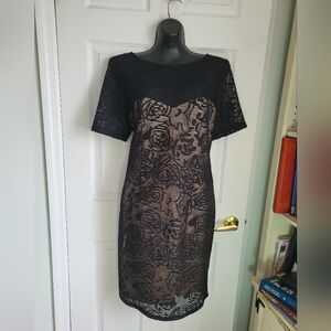 Short Sleeve, Lightweight Black Lace Overlay Over Nude Under Lining